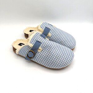 Lands' End Womens Felt Scuff Slippers Blue Gingham Size 8 (38) Sherpa Shearling